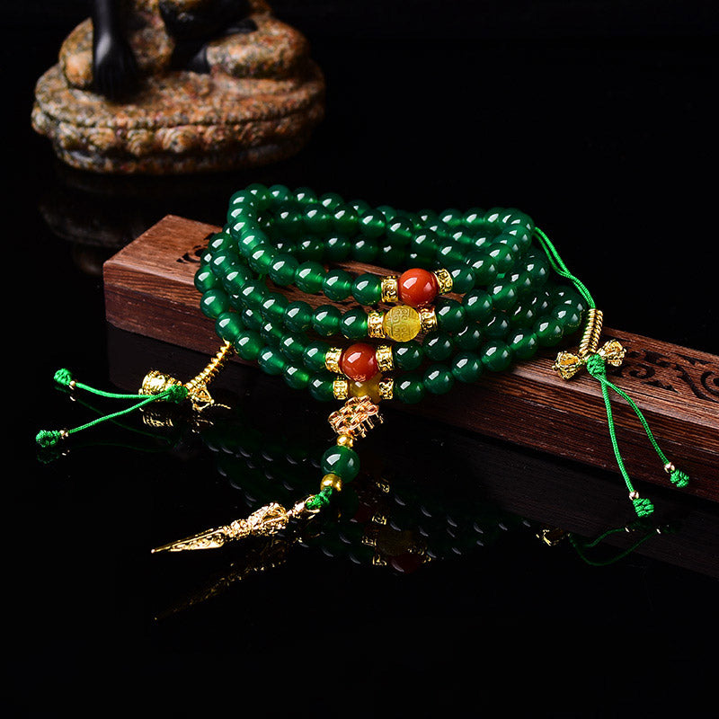Buddha Stones108個入り 天然グリーン瑪瑙 成功のブレスレットMala