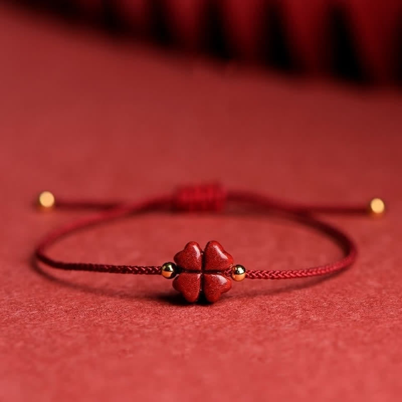Buddha Stones天然辰砂 四つ葉のクローバー 祝福の赤い紐ブレスレット アンクレット