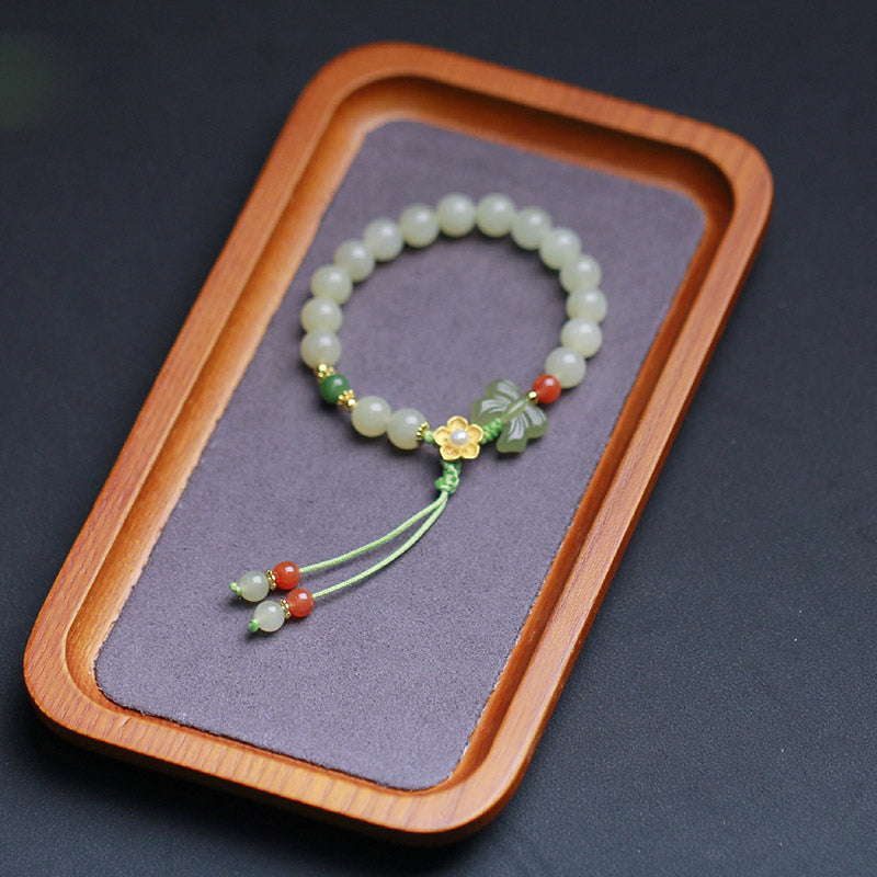 Buddha Stones925スターリングシルバー 翡翠 幸運の花 蝶 ブレスレット