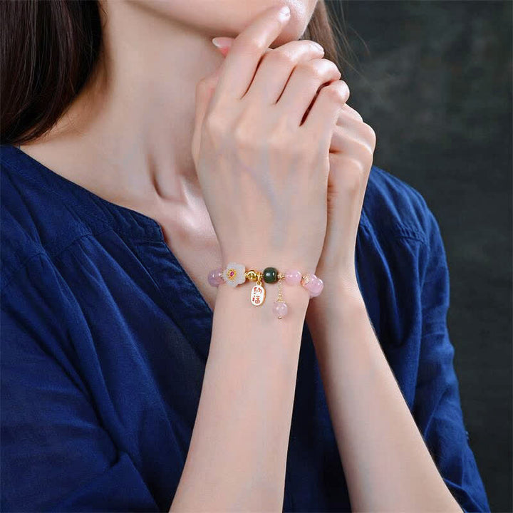 Buddha Stones天然ピンククリスタル翡翠フラワー 温かみのある愛のブレスレット