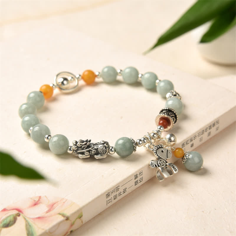 Buddha Stones 925スターリングシルバー 天然翡翠琥珀 貔貅ポニー 成功のブレスレット