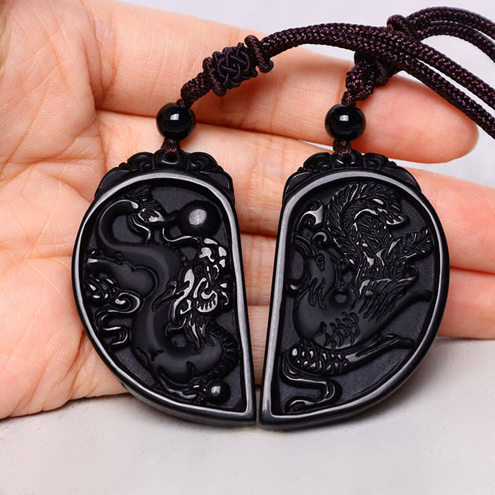 Buddha Stonesブラックオブシディアン 愛の龍 鳳凰 守護ネックレス ペンダント - image 3