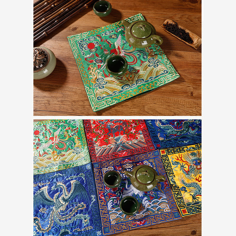 Buddha Stones鳳凰 龍 麒麟 刺繍 カップマットパッド ティーカップコースター スクエア カンフーティーマット