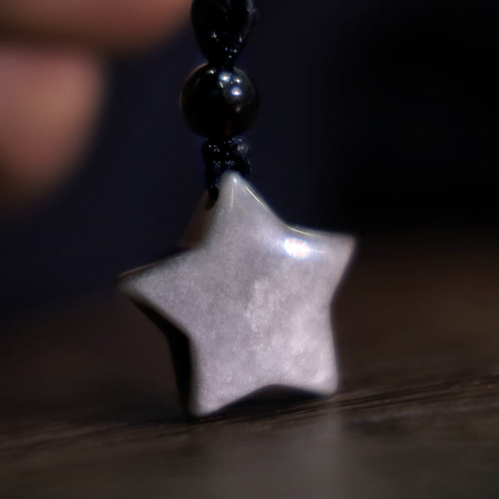 Buddha Stones天然銀光沢黒曜石 星 三日月 守護ネックレスペンダント