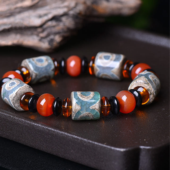 Buddha Stonesチベット三眼ビーズ瑪瑙 守護 幸福 ブレスレット
