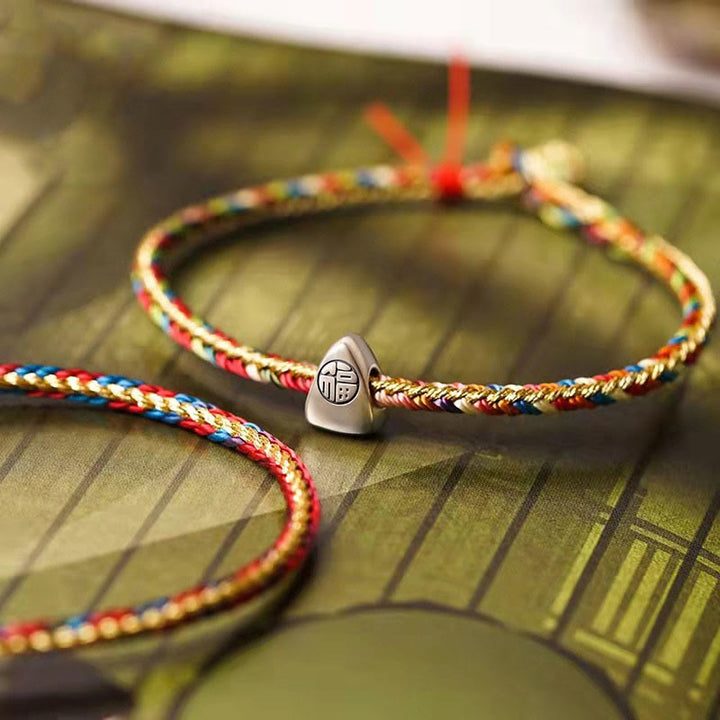 Buddha Stones925 スターリングシルバー 福文字粽柄 マルチカラーストリング 幸運 ハンドメイド 編み込みブレスレット