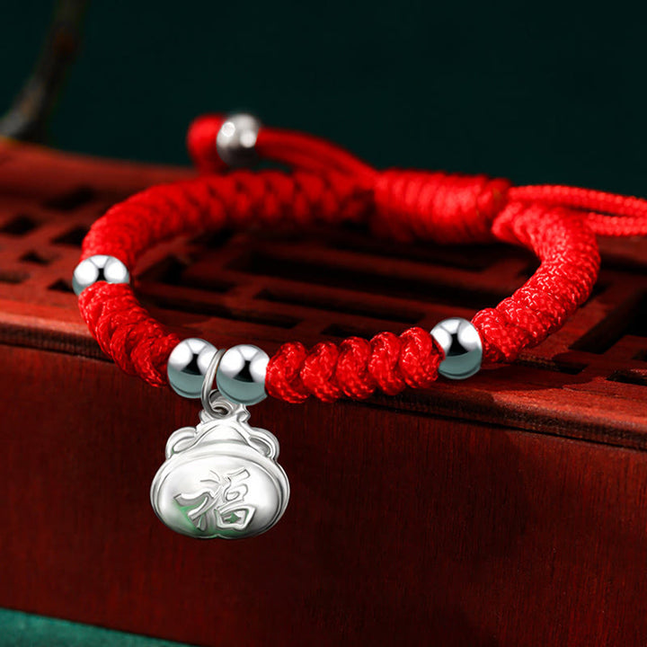 Buddha Stones925 スターリングシルバー ハンドメイド フーキャラクター 幸運のお金袋 中国ロックチャーム ベル ロータス 銅貨 キングコングノット編み 子供用ブレスレット