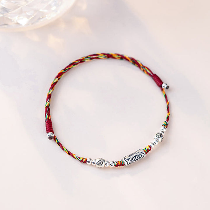 Buddha Stones925 スターリングシルバー 幸運の鯉 編み込み カラフル ストリング ブレスレット アンクレット