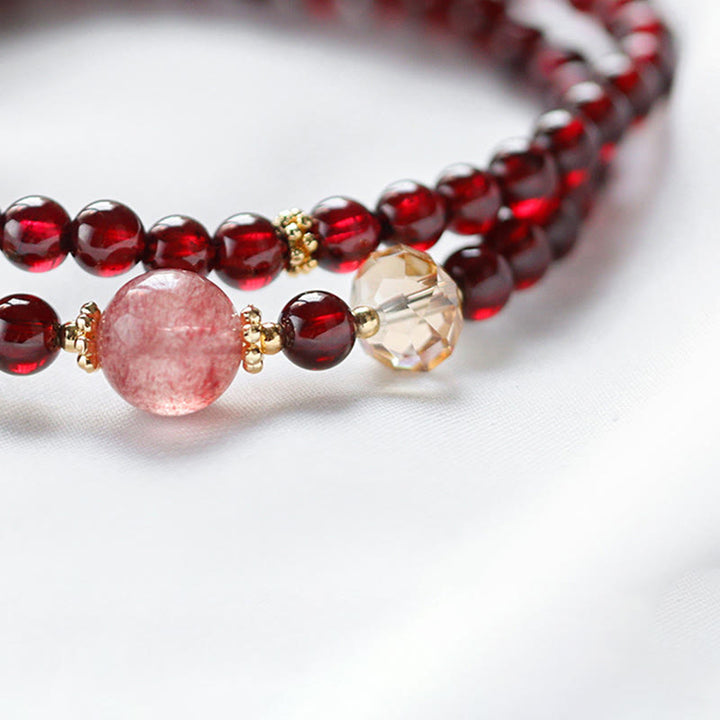 Buddha Stones 14Kゴールドメッキ 天然ガーネット ストロベリークォーツ スタビリティ ダブルラップブレスレット