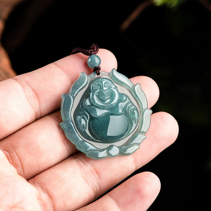 Buddha Stones天然翡翠 笑い仏 蓮の模様 幸運のネックレスペンダント - image 4