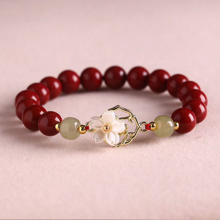 Buddha Stones天然辰砂翡翠ビーズ入りシャコガイ石花の祝福ブレスレット