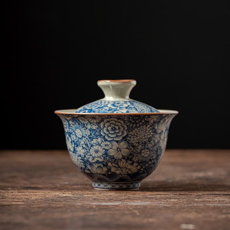 Buddha Stonesヴィンテージ青と白の磁器桃の花蓮牡丹セラミック蓋碗三彩ティーカップカンフーティーカップとソーサー蓋付き