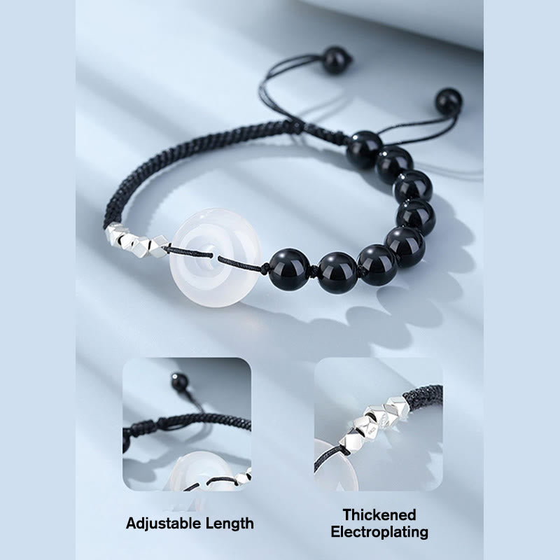 Buddha Stones 925スターリングシルバー ブラックオブシディアンアゲート ピースバックル ストレングスブレスレット