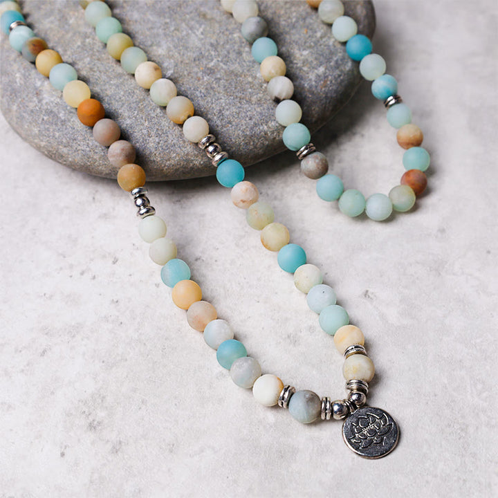Buddha Stonesチベットアマゾナイト石 祝福の蓮の花Mala