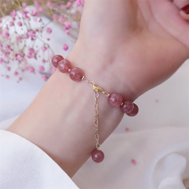 Buddha Stones天然ストロベリークォーツパール 四つ葉のクローバー ラブブレスレット