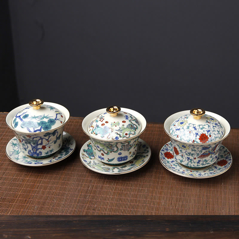 Buddha Stonesレトロ梅花松竹鳳凰麒麟陶器蓋碗三彩ティーカップカンフーティーカップ＆ソーサー蓋付き