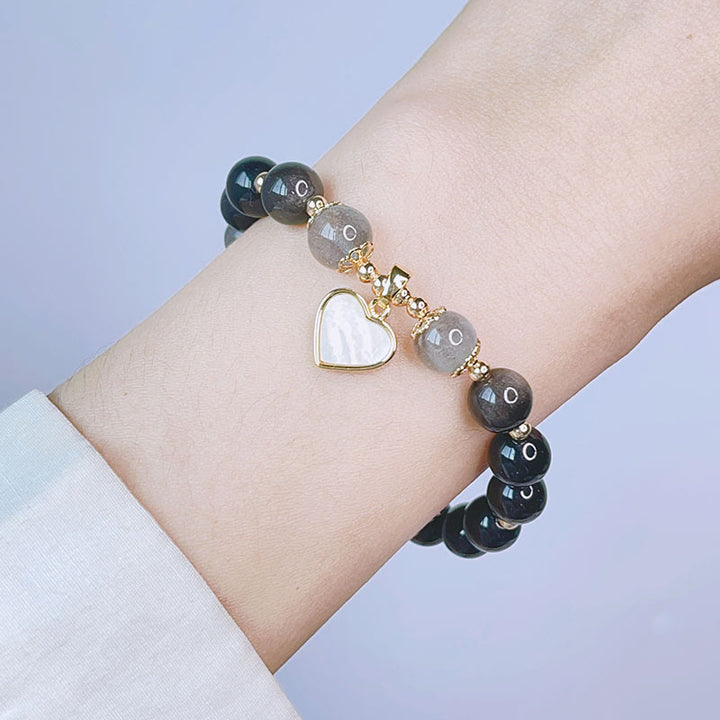 Buddha Stones天然銀光沢黒曜石 ラブハート スターフラワー 守護ブレスレット