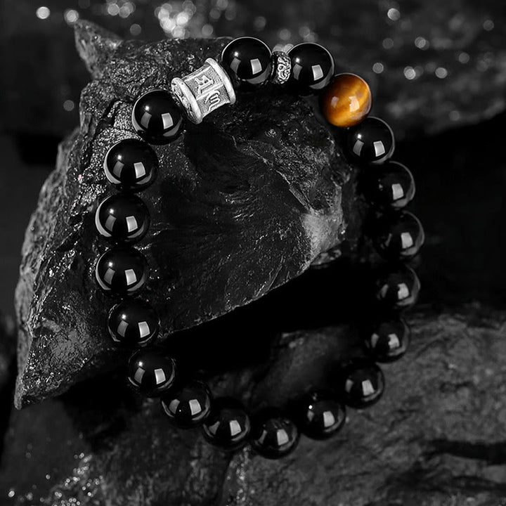 Buddha Stones999 スターリングシルバー ブラックオブシディアン タイガーアイオーム・マニ・パドメ・フムフルフィルメントブレスレット