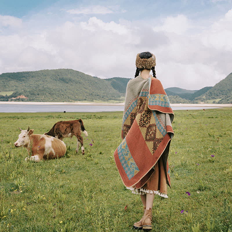 Buddha Stonesチベットショールダイヤモンド柄冬暖かいマントスカーフ - image 5