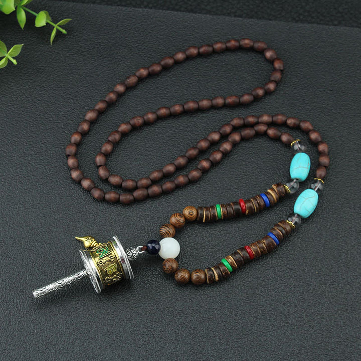 Buddha Stonesチベットオーム・マニ・パドメ・フム祈祷ホイール回転 金剛杵 木製ネックレス ペンダント - image 5