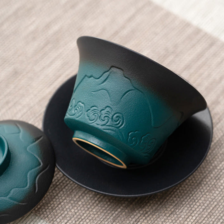 Buddha Stonesレトロブルーオーシャン海の波グラデーションセラミック蓋湾三彩ティーカップカンフーティーカップとソーサー蓋付き