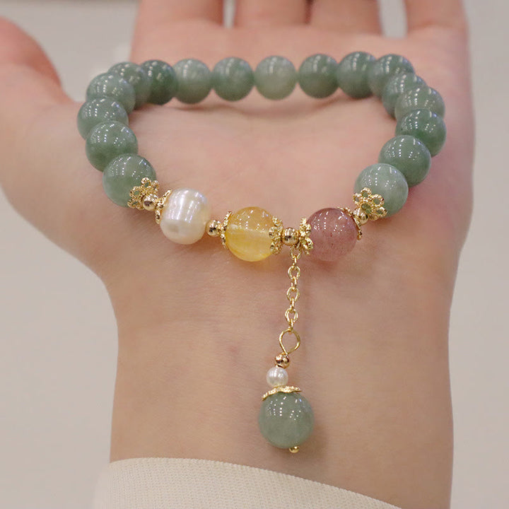 Buddha Stones翡翠パール ストロベリークォーツ 豊穣の幸運ビーズチャームブレスレット