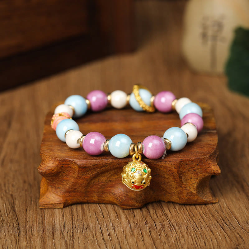 Buddha Stonesチベットのザキラム女神 富の女神 ウサギ ライオンヘッドチャーム リュウリガラスインセンス 灰磁器ビーズ 保護ブレスレット