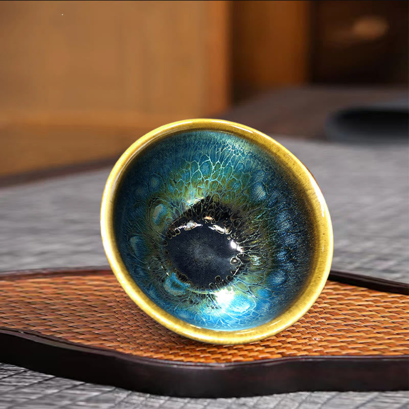 Buddha Stonesヴィンテージ ハンドメイド 中国 Jianzhan ブルー カラフル 釉 陶器 ティーカップ 陶器 カンフー ティーカップ