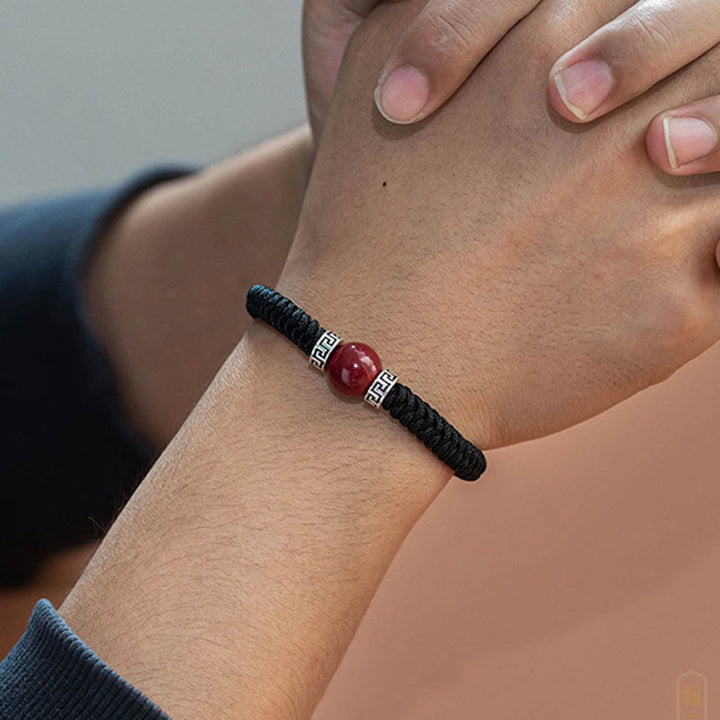 Buddha Stones 925スターリングシルバー 天然辰砂ビーズ 落ち着いたハンドメイド編み紐ブレスレット