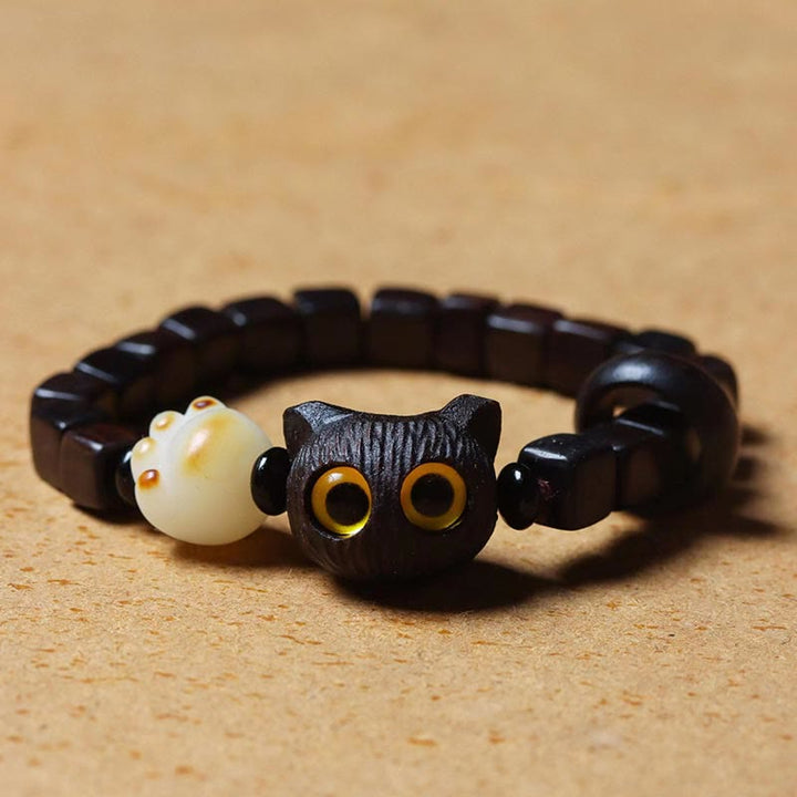 Buddha Stones黒檀かわいい猫 菩提樹 足爪 スクエアビーズ 落ち着いたブレスレット - image 5