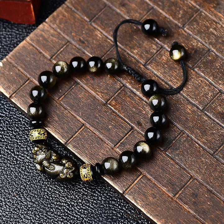 Buddha Stonesナチュラルゴールド光沢黒曜石貔貅オーム・マニ・パドメ・フム富編組ブレスレット