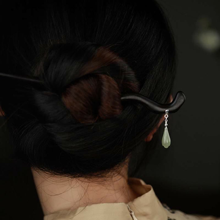 Buddha Stones925スターリングシルバー天然和田翡翠黒檀木製幸運チャームヘアピン