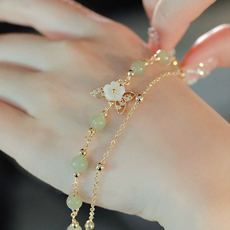 Buddha Stones 14K金メッキ 翡翠＆シャコガイ バタフライモチーフ 2連幸運ブレスレット