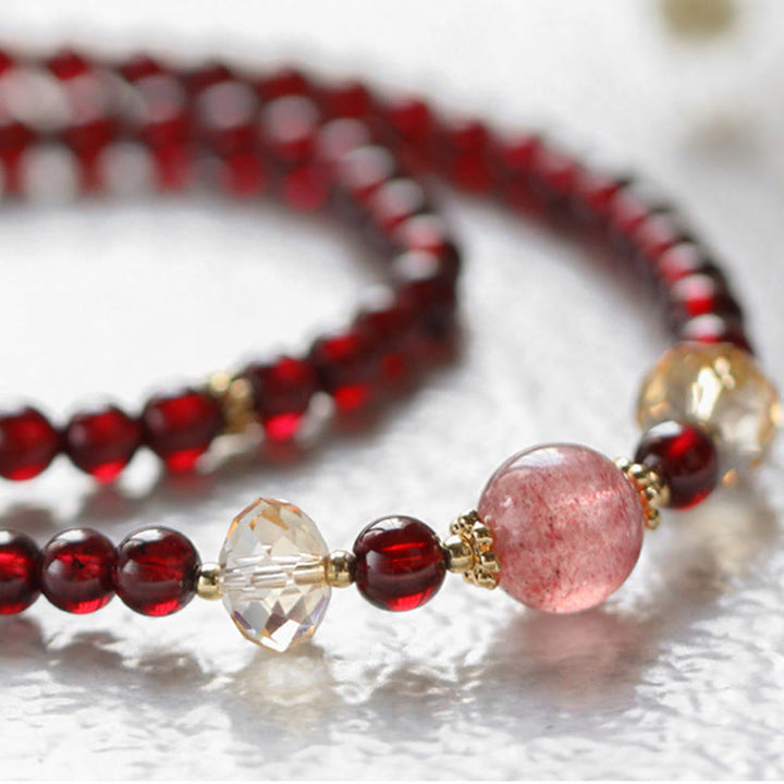Buddha Stones 14Kゴールドメッキ 天然ガーネット ストロベリークォーツ スタビリティ ダブルラップブレスレット