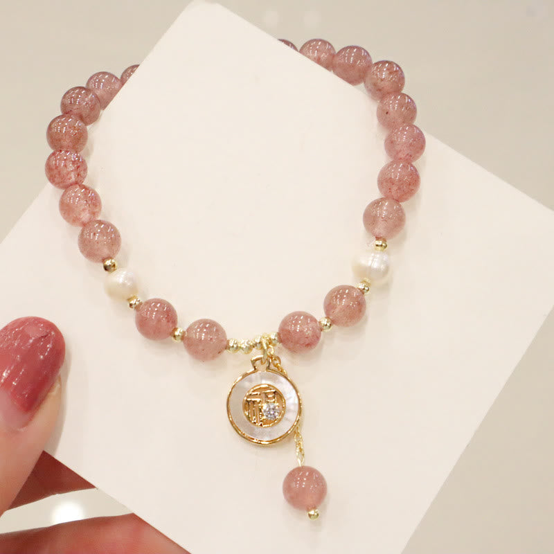 Buddha Stonesストロベリークォーツパール エルク スマイリーフェイス フィッシュテール フーキャラクターチャーム ヒーリングブレスレット