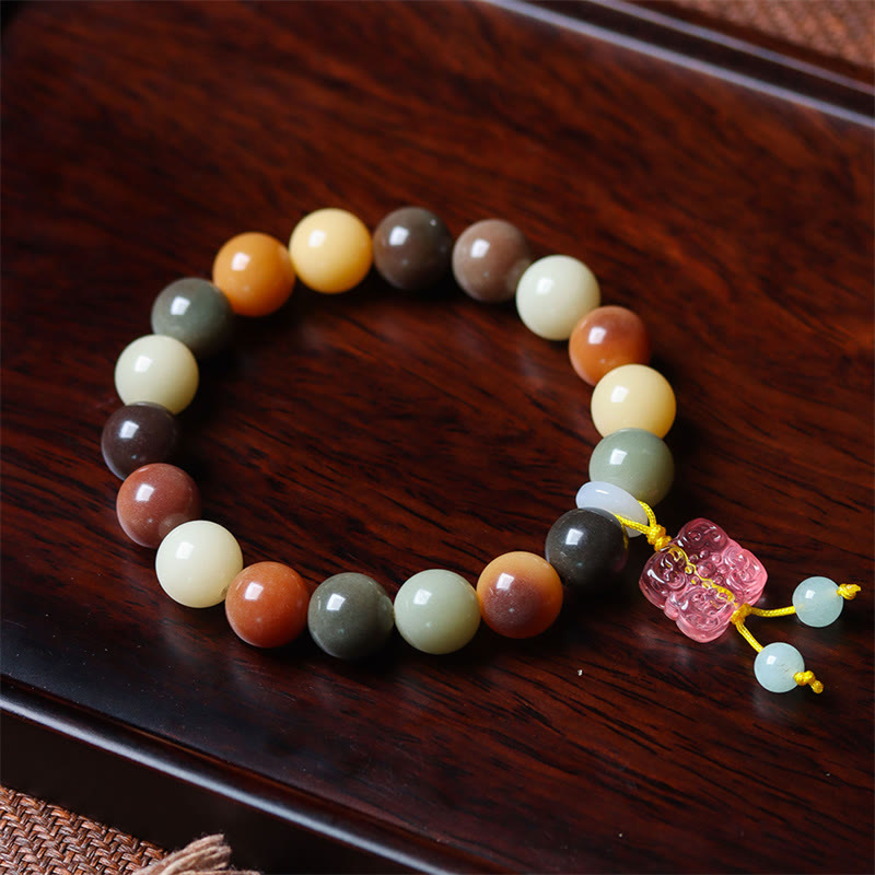 Buddha Stones天然 マルチカラー グラデーション 菩提樹 瑠璃ガラス チャーム 平和ブレスレット
