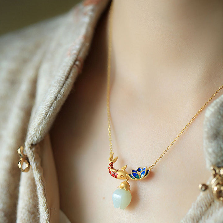 Buddha Stones925 スターリングシルバー ホワイトジェイド 鯉 蓮 守護 ネックレス ペンダント - image 4