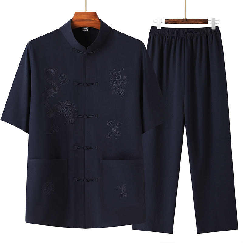 Buddha Stones唐装漢服中国龍伝統カンフーユニフォーム半袖トップスとパンツ衣類メンズセット - ネイビーブルー - US/UK/AU44、 EU54 (4XL) - image 0