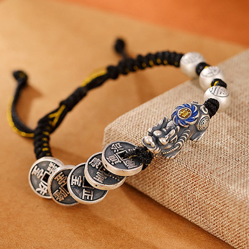 Buddha Stones999 スターリングシルバー 風水 貔貅 銅貨 福の字 富の編み込みブレスレット