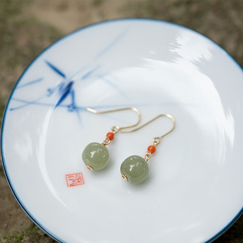 Buddha Stones 925スターリングシルバー 14Kゴールドメッキ 和田翡翠 赤瑪瑙 幸運の雫 ダングルイヤリング