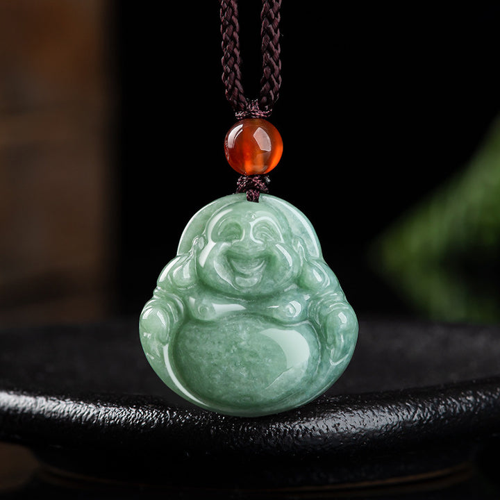 Buddha Stones笑う仏陀 シアン翡翠 成功のネックレス ストリングペンダント