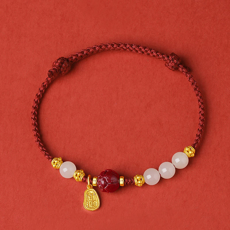 Buddha Stones24K 金メッキ 和田白翡翠 辰砂 蓮華 幸運 ロープ ブレスレット