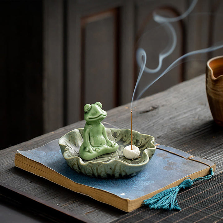 Buddha Stones葉 瞑想 カエル柄 癒し 陶器 香炉 装飾