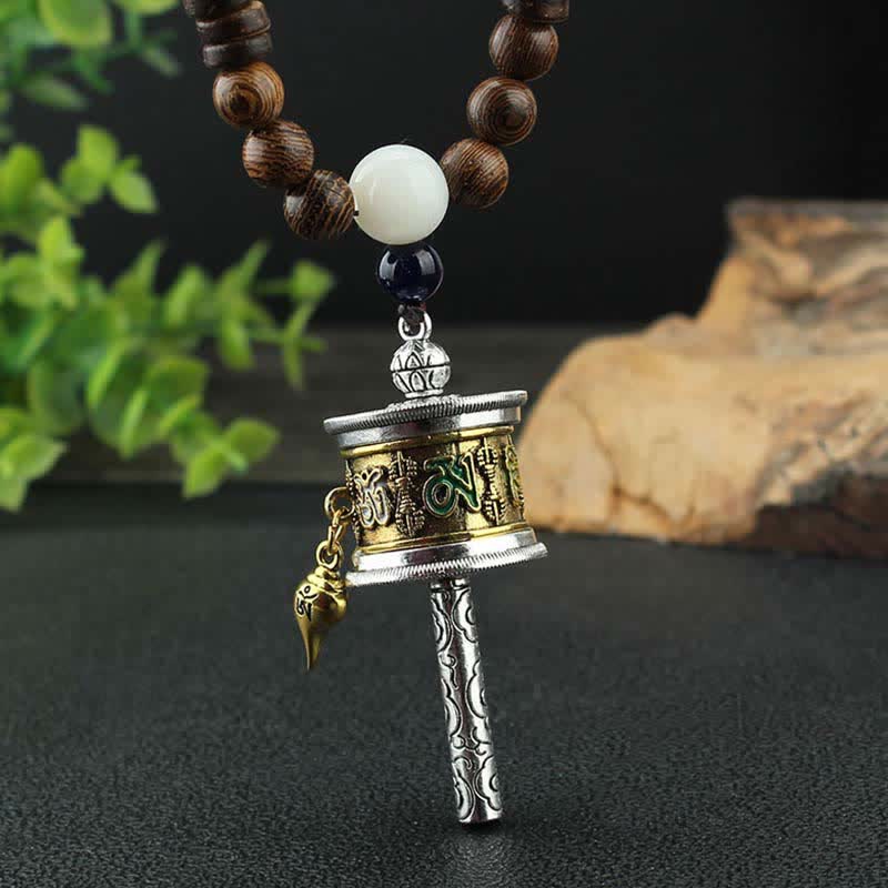 Buddha Stonesチベットオーム・マニ・パドメ・フム祈祷ホイール回転 金剛杵 木製ネックレス ペンダント - image 1