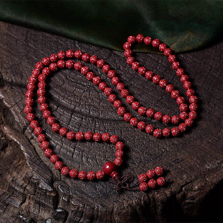 Buddha Stones 108Malaビーズ 辰砂Om Mani Padme Hum模様 刻印入り 祝福ブレスレット