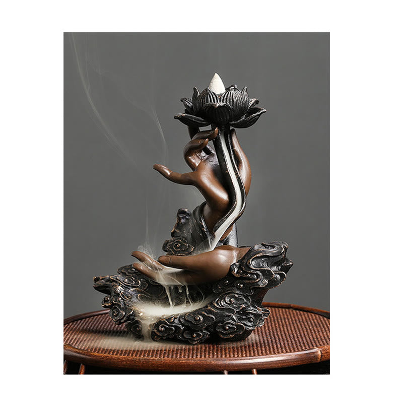Buddha Stones蓮仏手 吉祥雲模様 瞑想用 樹脂製 逆流香炉