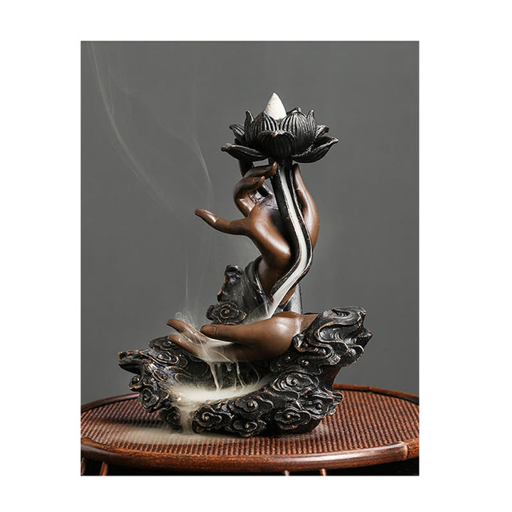Buddha Stones蓮仏手 吉祥雲模様 瞑想用 樹脂製 逆流香炉