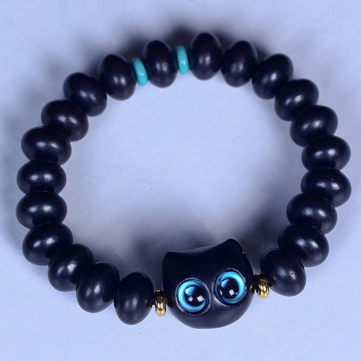 Buddha Stones、黒檀、琉璃ガラス、愛らしい猫の平和バランスブレスレット - image 3
