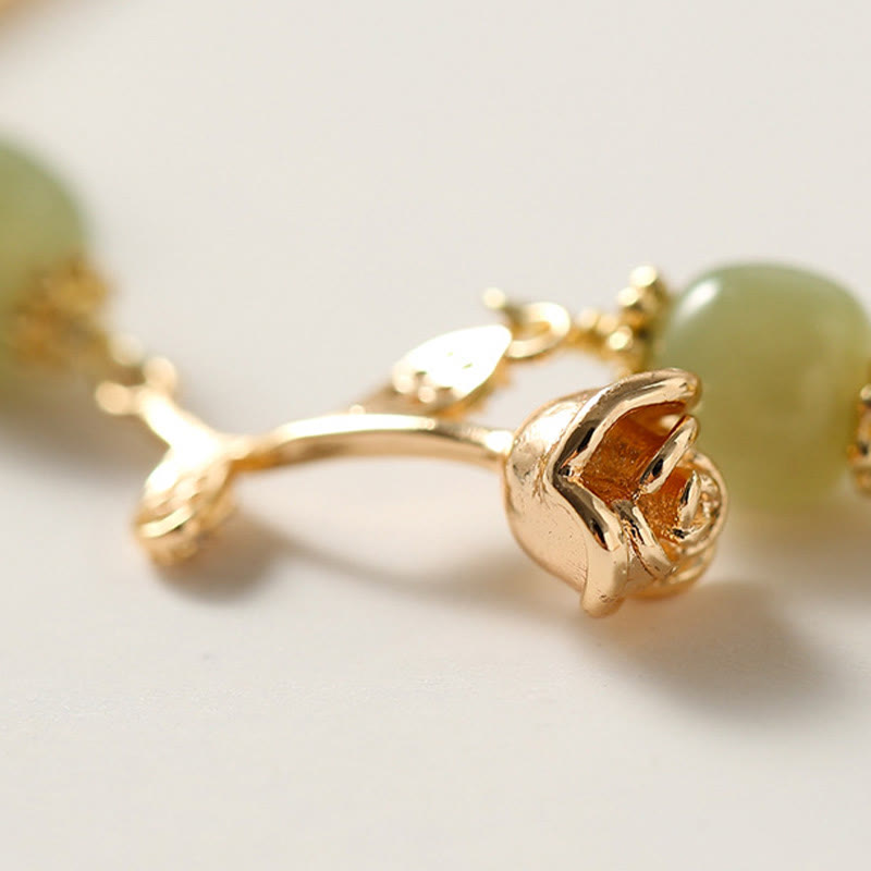 Buddha Stones14K ゴールドメッキ 和田翡翠 ゴールデンローズフラワー 幸運のチェーンブレスレット