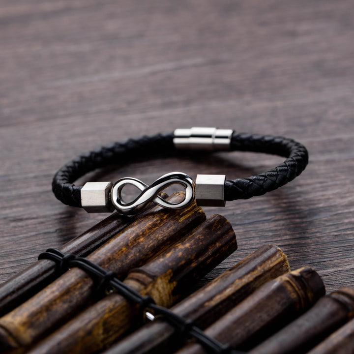 Buddha Stonesエンドレスノット チタンスチール インフィニティレザー ウィーブ バランスブレスレット